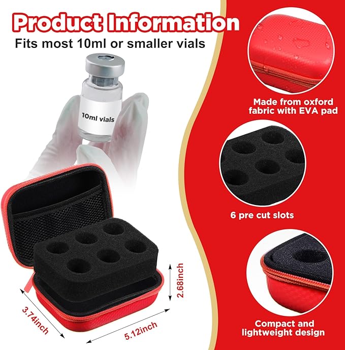 Teenyyou 6 Slots Insulin Peptide Fridge Carrying Case Vial Holder Storage Protector Bag, Fits Standard 10ml Vials, Insulin Cooler Travel Kits Case Organizer Diabetes Protector(Red)