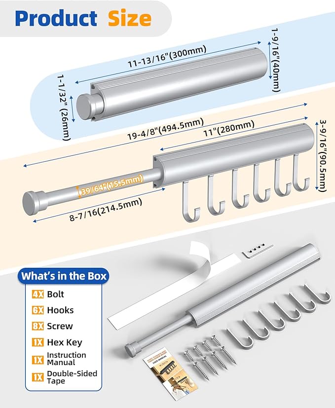 12 Inch Valet Rod for Closet Pull Out, Expandable with 6 Hooks, Closet Rod for Laundry, Bedroom & Tomorrow’s Outfit (Silver, 1 Pack)