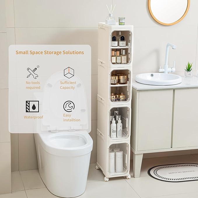 4-Tier Slim Tall Narrow Bathroom Storage Cabinet with Adjustable Shelves and Movable Wheels, Magnetic Doors, Plastic Storage Cabinets for Small Space, Cream White