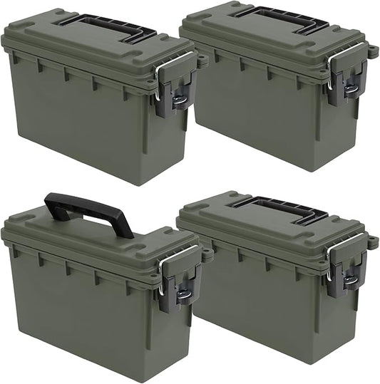 Sheffield 12757 4-Pack Ammo Storage Box, Stackable .30 Cal Field Boxes, Water and Dust Resistant, Lockable Storage Box with Handle, Secures Hunting Gear, Supplies, and Bullets, Made in USA, Green