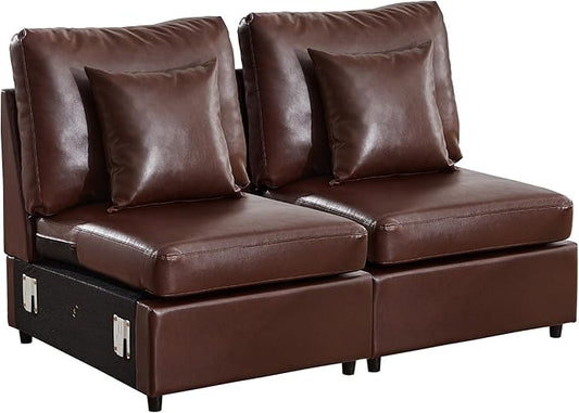 LEVNARY Modular Armless Chair Set of 2, Faux Leather Upholstered Single Seat for Sectional Sofa Expansion (Brown)