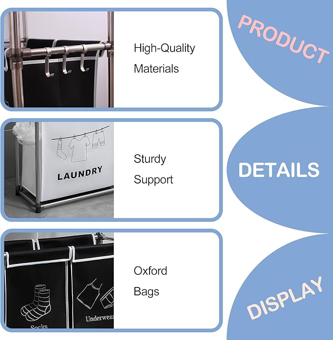 2-3 Tier Laundry Hamper with Removable Fabric Bins, Freestanding Laundry Sorter Organizer with Hooks, Foldable Sorting Basket for Bedroom, Bathroom & Dorm (3-Tier)