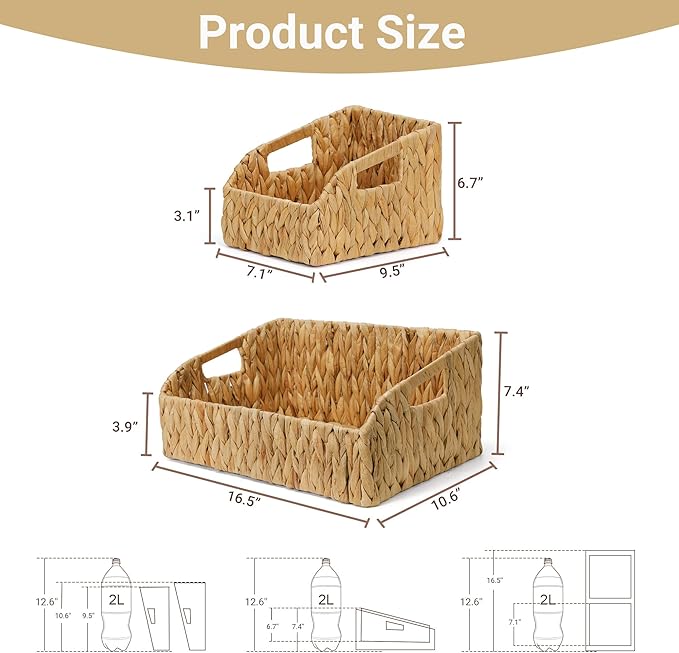 Wicker Baskets for Organizing, Pantry Baskets with Built-in Handles, Handwoven Labeled Wicker Storage Basket, Water Hyacinth Storage Bins for Shelves, 3 Pack, Natural - 2 Set