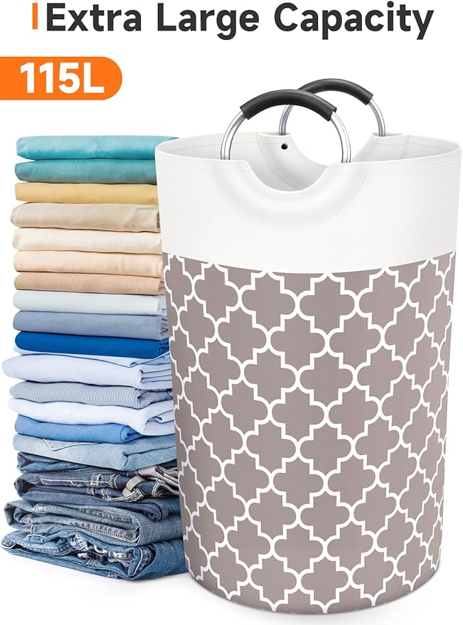 Fabspace Large Laundry Basket Laundry Hamper Bag Washing Bin Clothes Bag Collapsible Tall With Handles Waterproof Travel Bathroom College Essentials Storage For College Dorm, Family (Khaki)115L