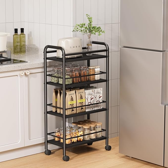 Asgolion Slim Storage Cart, 4-Tier Small Rolling Cart with Wheels, 9.1" Deep, Narrow Bathroom Shelf Trolley for Kitchen, Bathroom, Laundry Room, Black Large 4-Tier (9.1" W x 33.6" H)