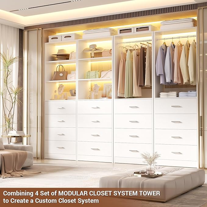 Aheaplus Closet Drawers Organizer System, 21.3" Wood Closet System with 4 Drawers, Modular Walk-in Closets Storage Unit, Tall Bookshelf Storage Cabinet, White22