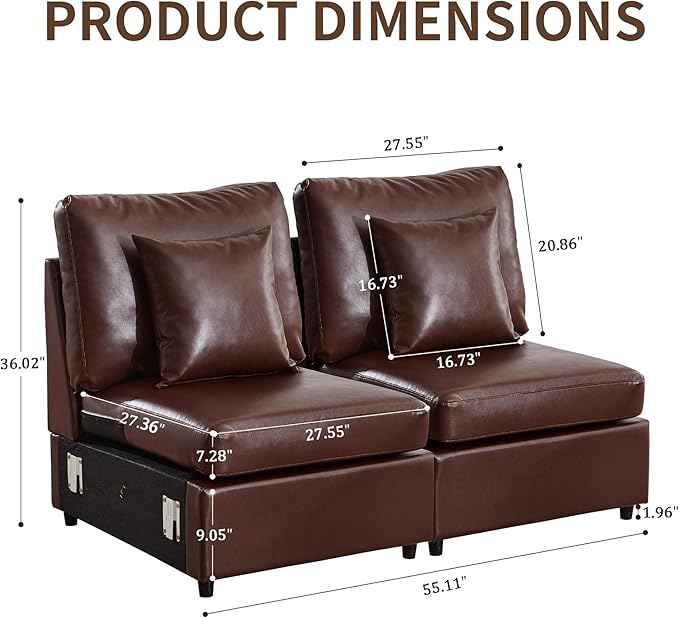 LEVNARY Modular Armless Chair Set of 2, Faux Leather Upholstered Single Seat for Sectional Sofa Expansion (Brown)