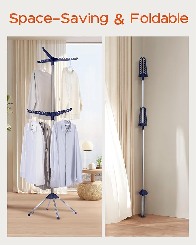 CASAMAYA Clothes Drying Rack Foldable, 74.8 inch 2 Tier Laundry Drying Rack with Rotating Clothes Rail for 54 Pieces of Clothes, Space Saving, Indoor, Stainless Steel, Blue and Silver CDR002Q01