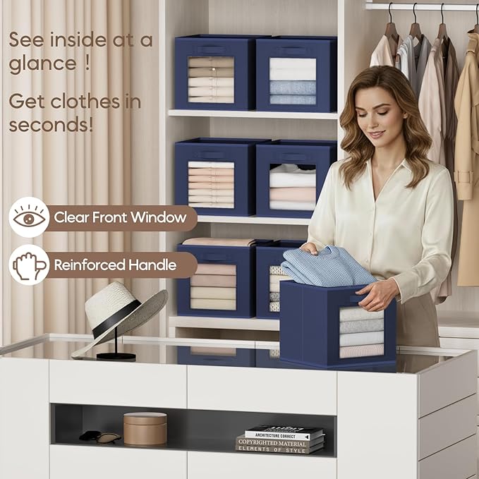 Homsorout Storage Cube 11 Inch - Cube Storage Bins with Window, Closet Storage Baskets with Handle, Fabric Bins for Closet, Shelves, Toys, Clothes, Set of 6, Navy Blue