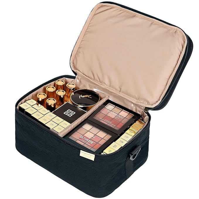 NISHEL Extra Large Double Layer Travel Makeup Bag Women, Cosmetic Organizer Case, Essentials Accessories with Shoulder Strap for Bottles, Brushes, Conditioner, Skin Care Products, Black
