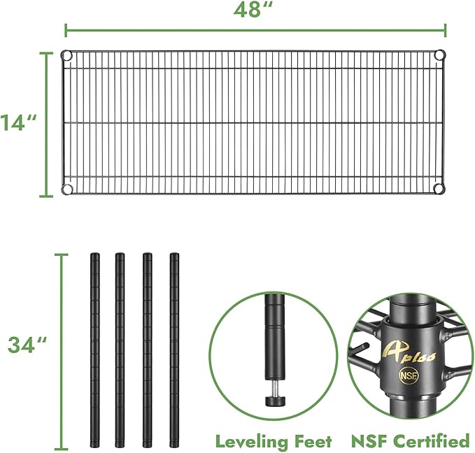 APLSS 14" D x 48" W x 34" H Black Heavy Duty Wire Shelving with 3 Tier Shelves, NSF Certified, Height Adjustable, Wet&Dry Environments, for Kitchen Garage Walk-in Cooler&Freezer, 800lbs Capacity
