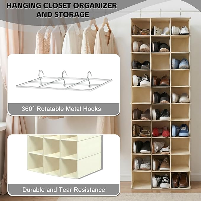 coastal rose Hanging Shoe Organizer for Closet, 30 Sections Hanging Closet Organizers and Storage Shelves Space Saving Shoe Rack Holder, Beige, 17''W×11.5''Dx 48''H
