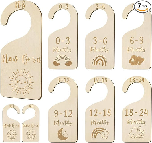 MEILIDY Baby Closet Dividers, Wooden Double Sided Nursery Clothes Size Separators for Newborn to 24 Months, Neutral, 7 Pcs
