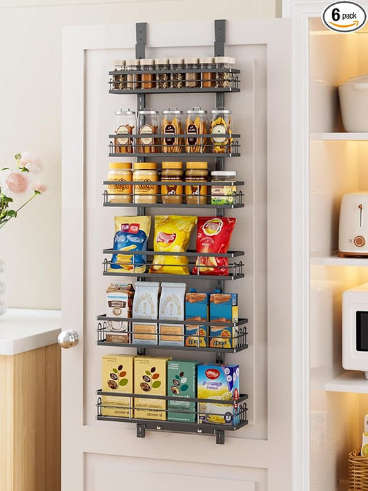 Delamu Over the Door Pantry Organizer, 6 Tier Pantry Door Organizer with Adjustable Basket, Door Spice Rack Seasoning Organizer, Metal Hanging Pantry Organizers and Storage for Kitchen,15.3" Black