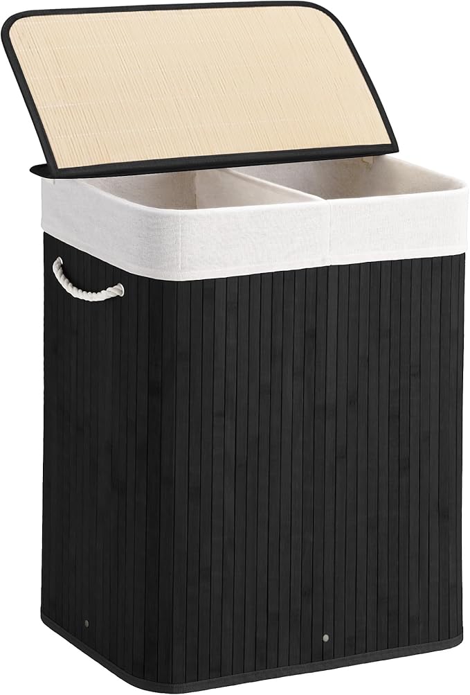 Aliphon 100L Laundry Hamper with lid, 2-Section Clothes Laundry Basket with Handles, Large Collapsible Bamboo Baskets for Bedroom, Bathroom, Dorm, Ink Black