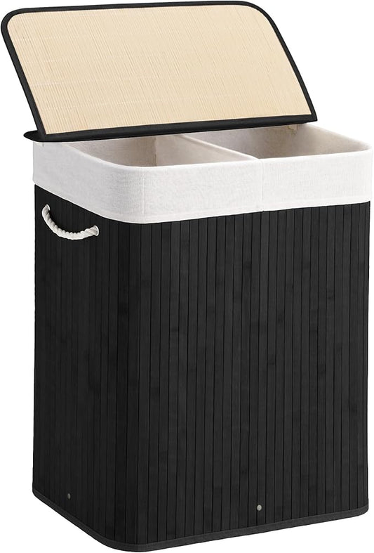 Aliphon 100L Laundry Hamper with lid, 2-Section Clothes Laundry Basket with Handles, Large Collapsible Bamboo Baskets for Bedroom, Bathroom, Dorm, Ink Black