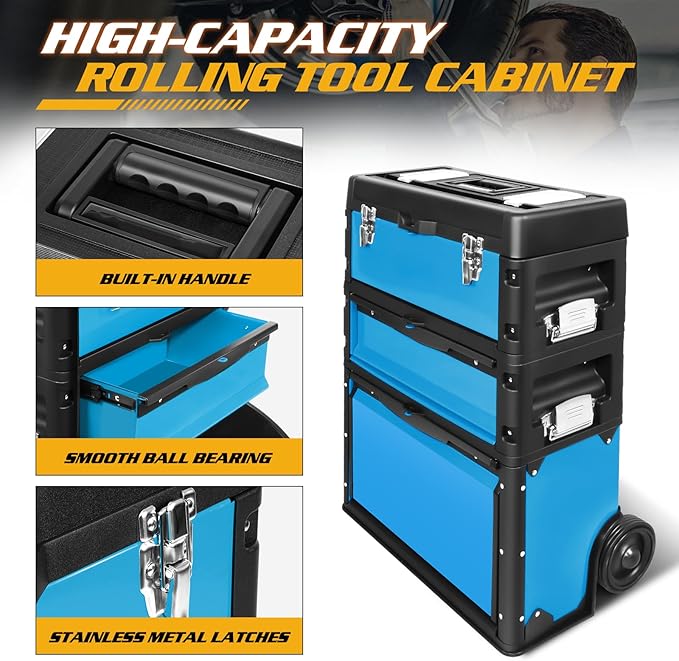 Magshion Heavy-Duty Rolling Tool Box, 3-Tier Stackable Tool Chest System with Wheels & Drawers, Modular Organizer for Small Parts and Tools, Mobile Garage Workshop Storage in Black/Blue