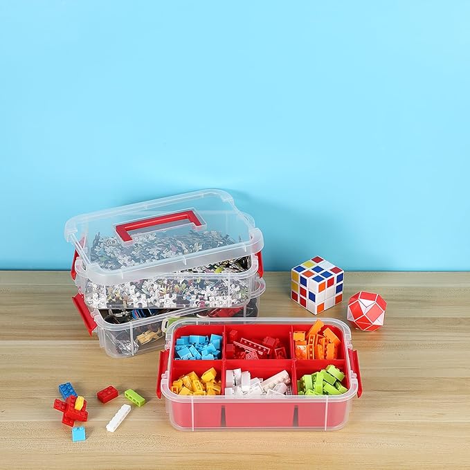 JUXYES 2Pack 3-Tiers Stack Carry Storage Box With Divided Tray, Transparent Stackable Storage Bin With Handle Lid Latching Storage Container for School & Office Supplies, Red
