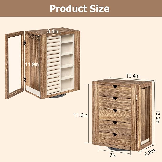 Emfogo 360° Rotating Jewelry Box for Women, Rustic Wooden Jewelry Organizer Box with 5 Drawers, Glass Doors, Vertical Open Design Jewelry Storage Case Display for Earrings Rings Necklaces Bracelets