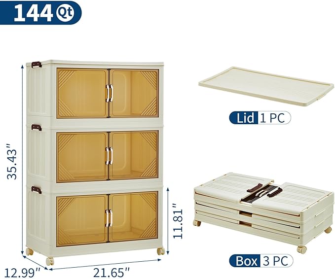 GarveeHome 144QT Stackable Storage Bins, Folding Storage Box with Magnetic Doors & Wheels, Loset Organizers and Storage with Lids, Collapsible Plastic Drawers for Bedroom Kitchen Office, White
