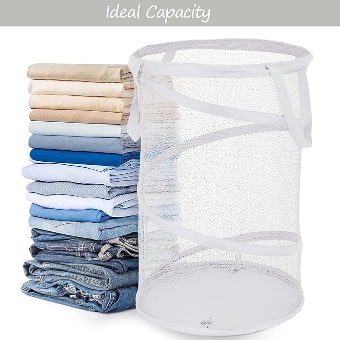 BATTOO Collapsible Laundry Basket Foldable Mesh Pop Up Hamper with Handles for Laundry Room, Bathroom, Kids Room, College Dorm, Travel, Storage Organizer White