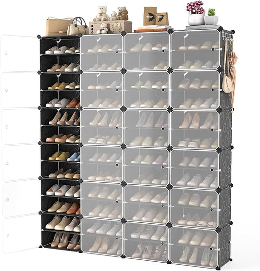 Portable Shoe Rack Organizer with Door, 96 Pairs Shoe Storage Cabinet Easy Assembly, Plastic Adjustable Shoe Storage Organizer Stackable Detachable Free Standing DIY Expandable 12 Tier Black
