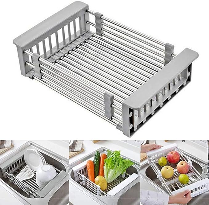ASEANAO Stainless Steel Kitchen Drying Rack, Retractable Drain Basket with Adjustable Armrest, Over The Sink Dish Drying Rack (Small)