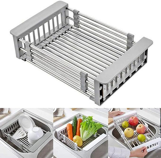 ASEANAO Stainless Steel Kitchen Drying Rack, Retractable Drain Basket with Adjustable Armrest, Over The Sink Dish Drying Rack (Small)
