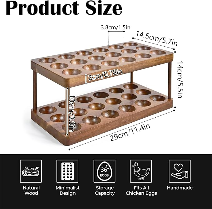 Linwnil Acacia Wood Egg Holder for 36 Eggs, Rustic Countertop and Refrigerator Storage Tray, Farmhouse Kitchen Organizer with 1.5" Holes, Easy Clean Deviled Plates for Easter Decor,11.5" x 5.75" (2)