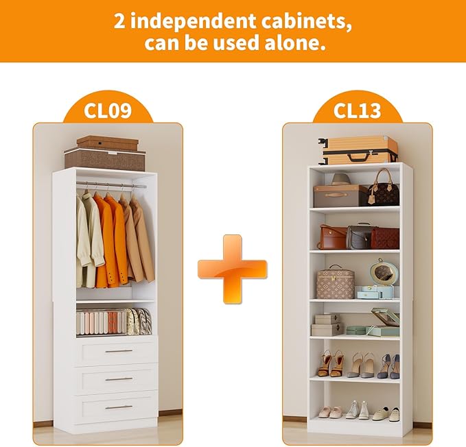 Closet System with 2 Sets, 4FT-10FT Closet Organizer Systems with 3 Wooden Drawers 7 Shelves & 3 Hanging Rods, Walk in Closet freestanding Corner Modular Closet Storage System White (4FT)