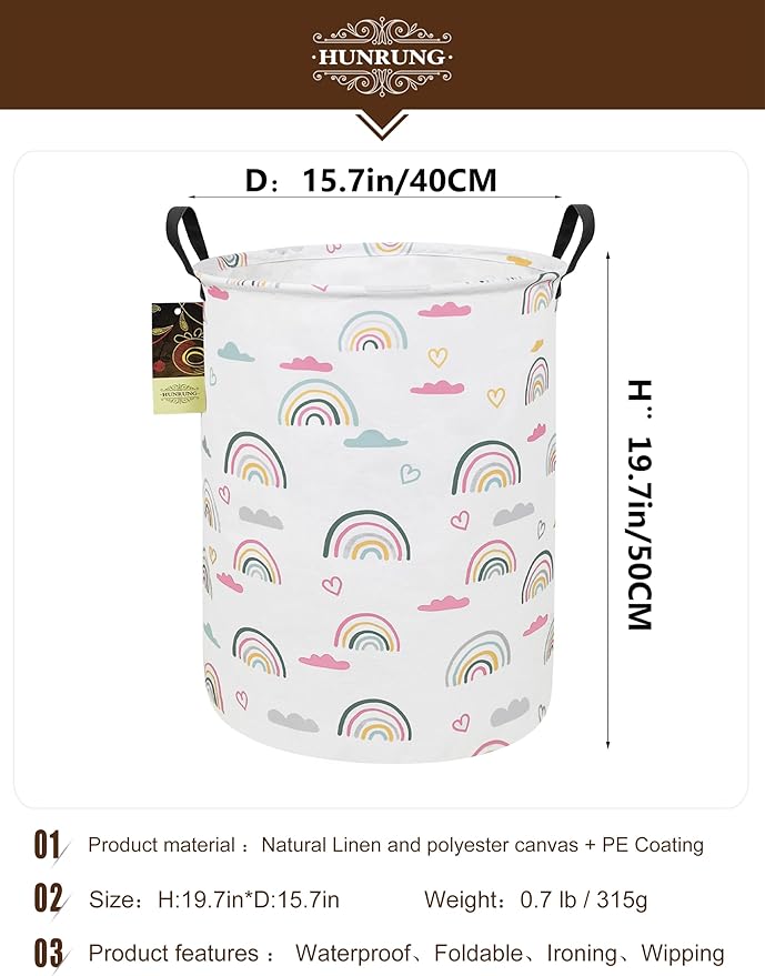 HUNRUNG Collapsible Fabric Storage Basket, Waterproof Laundry Hamper with Handles, Round Storage Bin for Clothes Toys, Foldable Organizer for Bedroom Nursery Bathroom(Round-Rainbow)