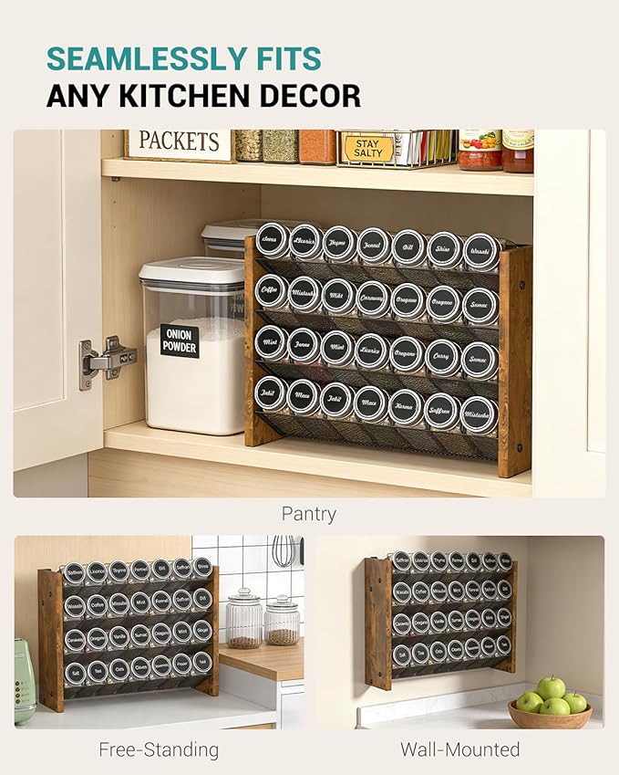 NESAPTO Spice Rack Organizer with 28 Spice Jars, Wooden Vertical Seasoning Organizer with Labels, Chalk Marker and Funnel Set for Cabinet, Kitchen Pantry, Countertop/Wall Mount, 14" W × 9.4" H