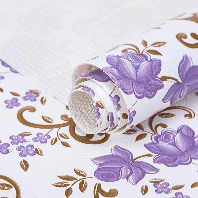 18X96 Inch Shelf Liner for Kitchen Cabinets, PVC Drawer Liner for Dresser Non-Slip Bathroom, Non-Adhesive Cabinet Liner Washable (Purple Floral)(4 Roll)