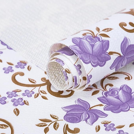 18X96 Inch Shelf Liner for Kitchen Cabinets, PVC Drawer Liner for Dresser Non-Slip Bathroom, Non-Adhesive Cabinet Liner Washable (Purple Floral)(2 Roll)