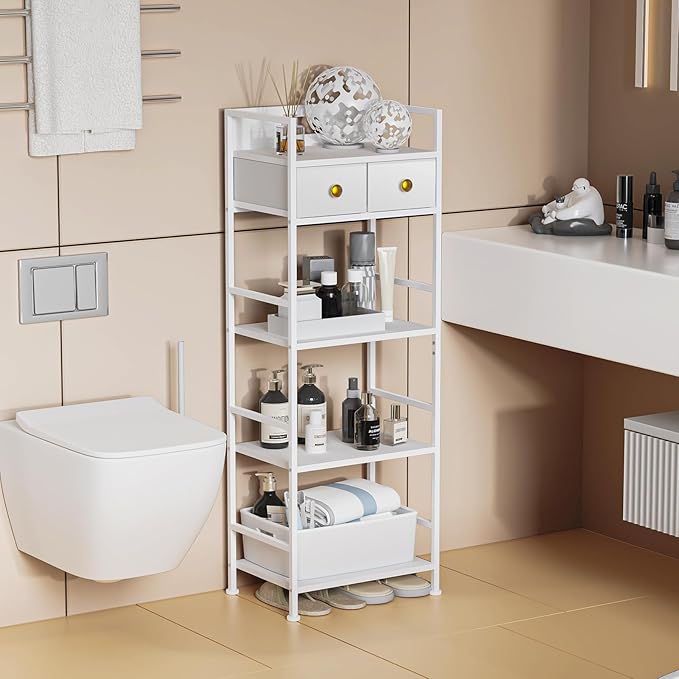 Storage Tower with USB Outlet & LED Lights, 2 Fabric Drawers and 4 Shelves, Narrow Closet Organizer for Bedroom, Bathroom, Entryway, White