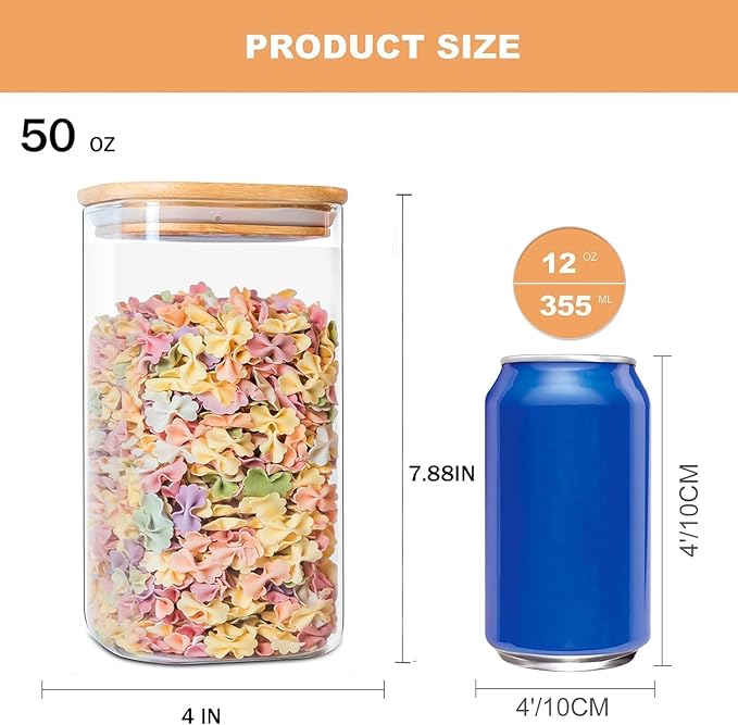 6 Pack 50oz Square Glass Food Storage Jars with Lids, Clear Airtight Containers for Coffee, Sugar, Flour, Spices, BPA-Free
