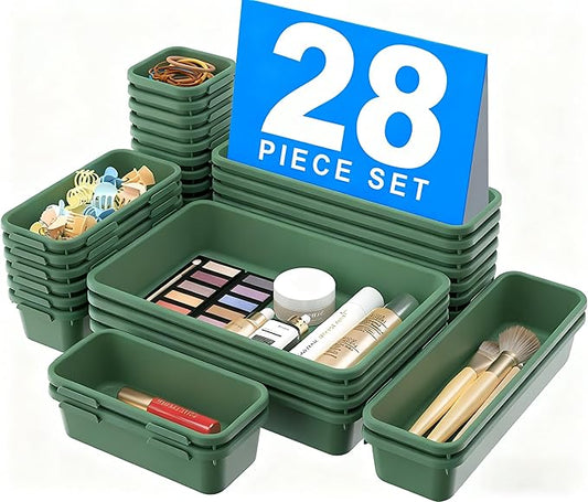 A-LuGei 【𝟮𝟴𝗣𝗖𝗦】 【𝟱𝗦𝗶𝘇𝗲】 ArmyGreen Drawer Organizer, Makeup organizer, 【Holds 177 Items】 Bathroom Organizers and Storage, Plastic Desk Organizer Divider, Organizer Bins for Office Vanity