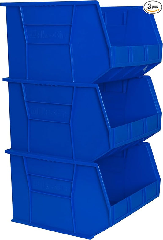 Akro-Mils 30270 AkroBins Plastic Storage Bins, Space-Saving Stackable Bins for Garage, Pantry, Craft Organization, 18" x 16" x 11", Blue, 3-Pack