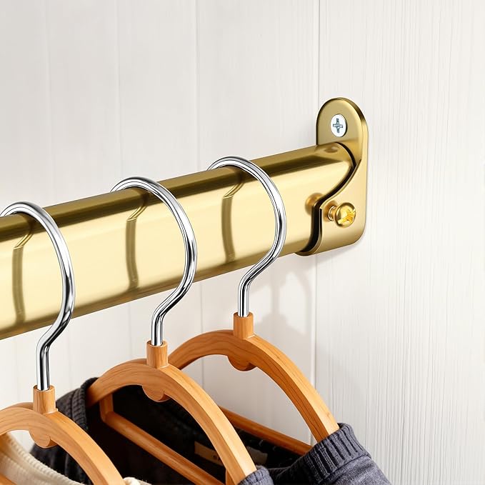 Oval Closet Rod for Hanging Clothes 30 to 54.5 Inch, Includes End Supports, Adjustable Wardrobe Tube, Heavy Duty Extendable Closet Pole, Carbon Steel, Gold