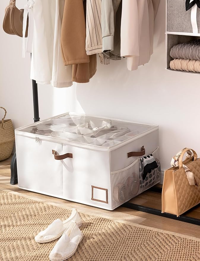 StorageWorks Shoe Organizer for Closet, Shoe Storage with Side Mesh Pocket, Shoe Closet Organizer With Clear Cover, Storage Shoe Containers for Sneakers and Sandals, Fits up to 20 Pairs, Beige