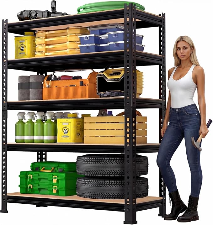 5-Tier Metal Storage Shelves: Heavy Duty Garage Shelving Adjustable Shelves for Storage - Black Utility Rack Shelf for Pantry, Warehouse, Closet, Office, Kitchen, 28" W x 12" D x 59" H