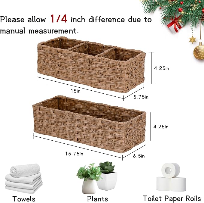 DULLEMELO Small Basket for Bathroom, Wicker Toilet Tank Basket, Bathroom Back of Toilet Organizer, Set of 2 Waterproof Baskets for Organizing, Brown