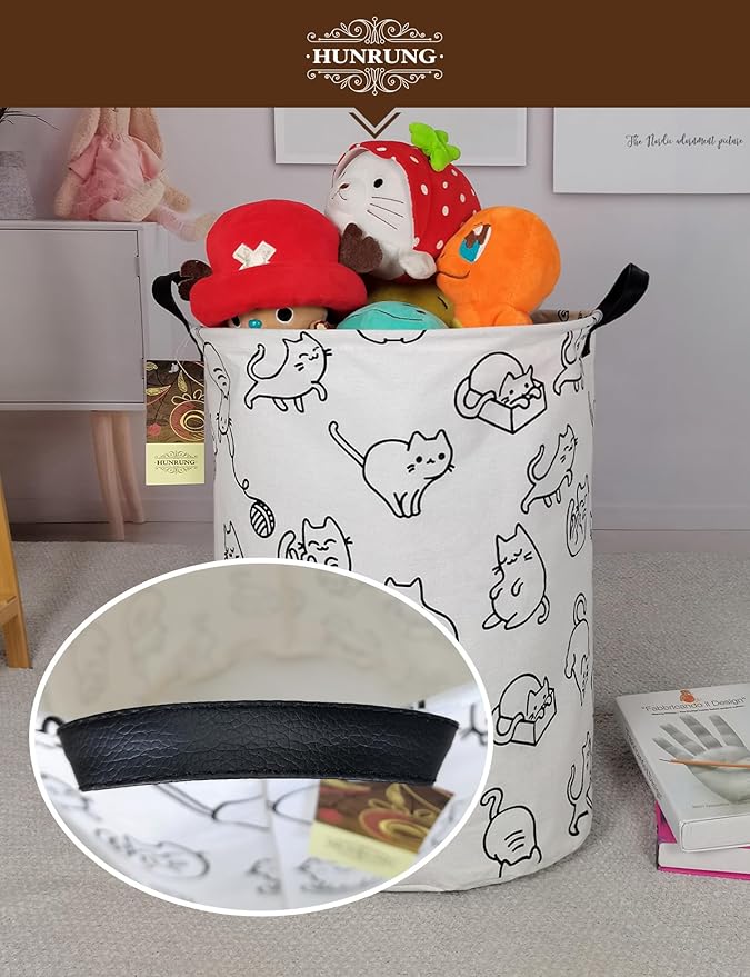 HUNRUNG Collapsible Fabric Storage Basket, Waterproof Laundry Hamper with Handles, Round Storage Bin for Clothes Toys, Foldable Organizer for Bedroom Nursery Bathroom(Round-Black cat)
