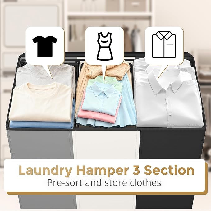 Optish 180L Laundry Hamper 3 Section, Large Laundry Basket with Lid, Laundry Basket Organizer with Handles, Divided Laundry Baskets, Clothes Hampers for Laundry, Bedroom, Bathroom