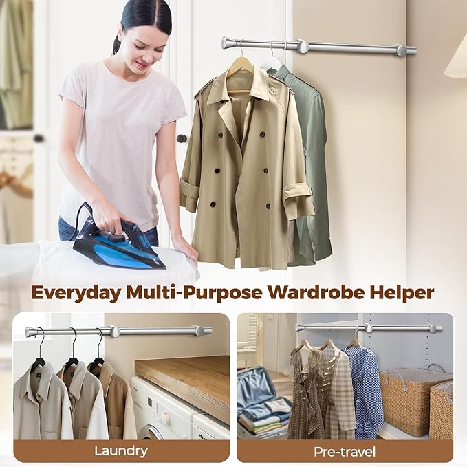 12" Pull-Out Valet Rod for Closet Organization, Add Extra Hanging Space 304 Stainless Steel Closet Rods, Space-Saving Design for Small Closets,Silver 2 Pack