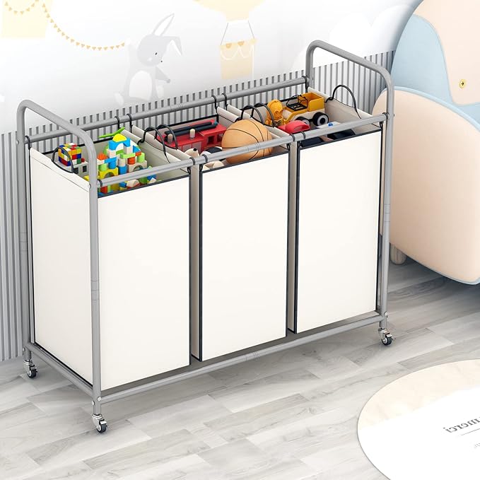 LINZINAR 3-Bag Laundry Sorter,Laundry Hamper Cart with Heavy Duty Rolling Lockable Wheels and Removable Bags (Beige)