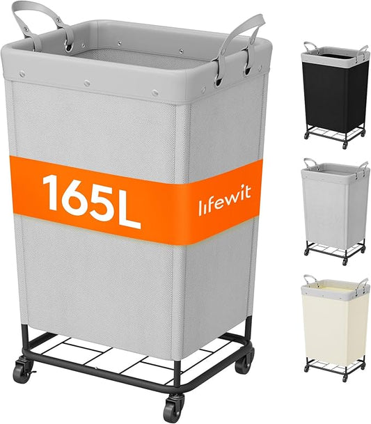 Lifewit 165L Laundry Basket with Wheels, Large Heavy Duty Commercial Rolling Laundry Hamper with Handles, Tall Steel Frame Laundry Cart for Laundry Room Bedroom Hotel Home Dorm, Sliver Gray
