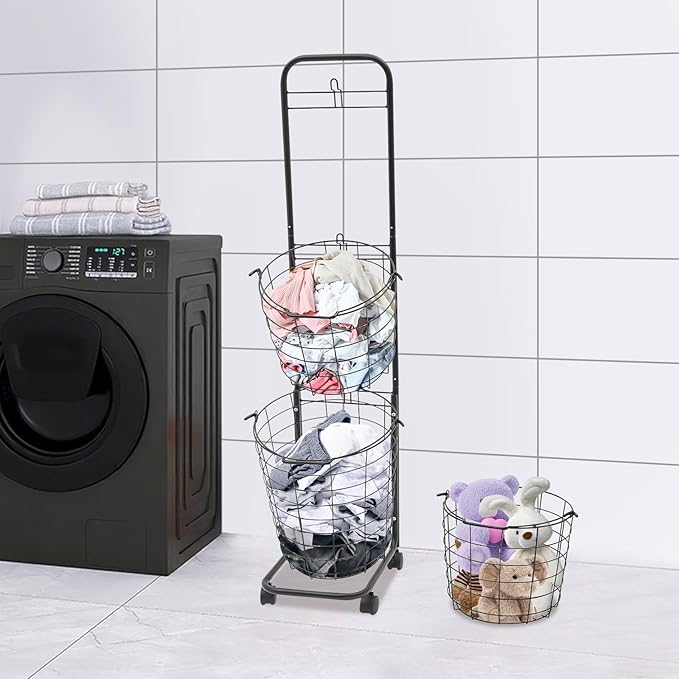 Laundry Basket on Wheels,3 Tier Large Laundry Hampers,10.4 * 13 * 48.4inch Clothing Sorting Laundry Baskets,Metal Sorter Storage Trolley shelf basket with wheel for Bathrooms Bedrooms （Black）