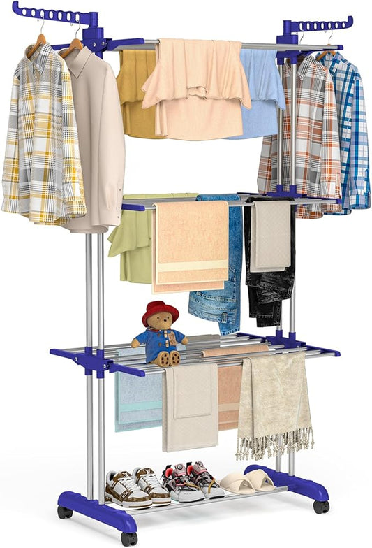 Bigzzia Clothes Drying Rack, Folding Stainless Steel Drying Rack Clothing Indoor Outdoor, Space-Saving, 4 Tier Laundry Drying Rack with Two Side Wings Grey Blue