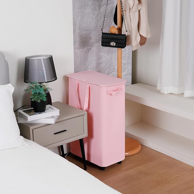 Vincona Slim Laundry Hamper with Lid and Wheels, Small Rolling Laundry Basket with Handle for Small Spaces, Tall Dirty Clothes Hampers for Dorm, Bathroom and Bedroom, 75L, Pink